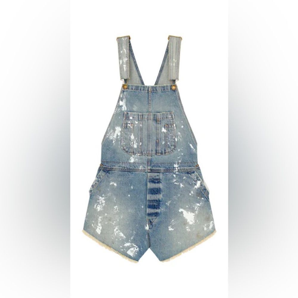 THE GREAT. Light Blue Distressed Denim Short Overalls